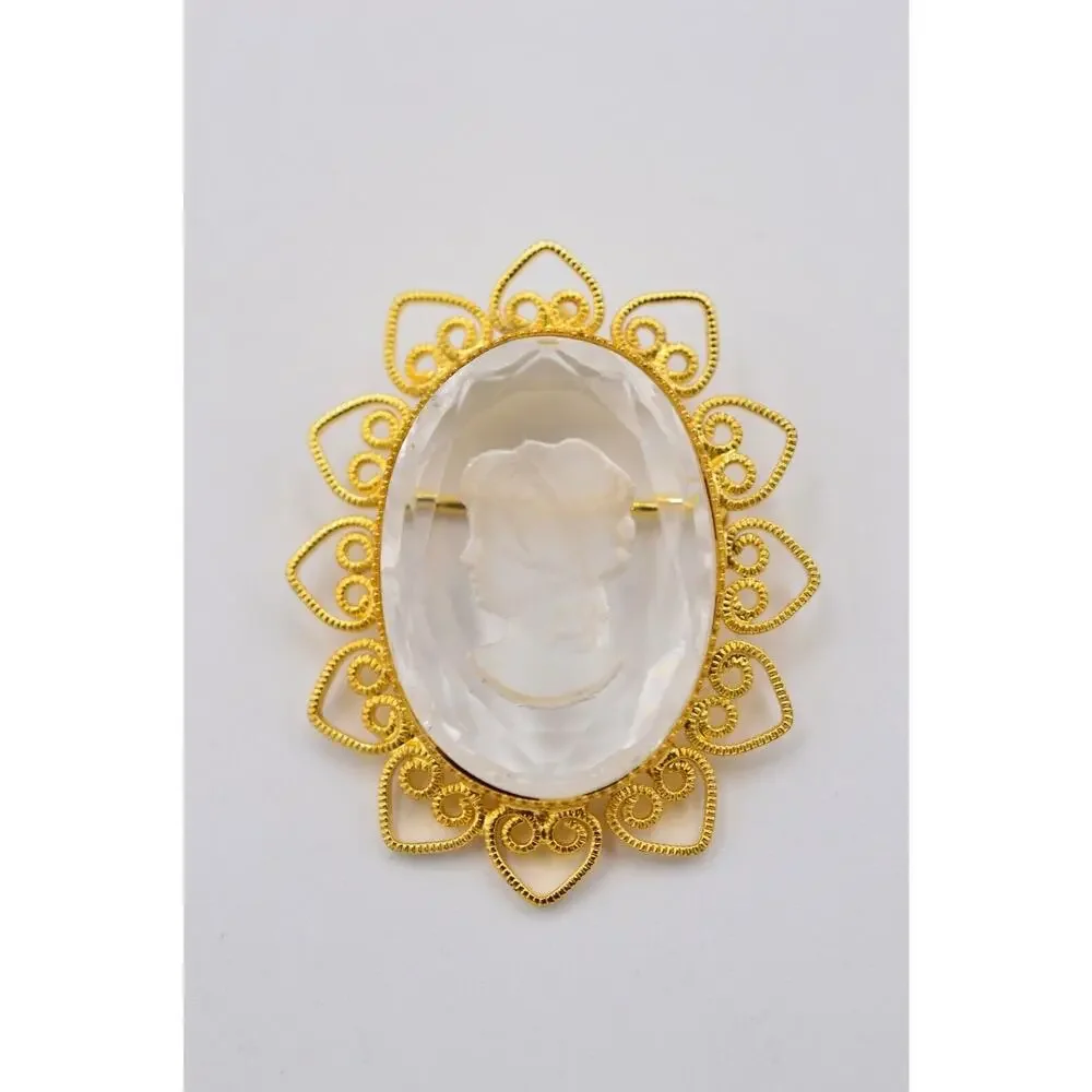 Vintage Cameo Pin Brooch Framed Glass Crystal Clear Oval Gold Tone 1980s 9B